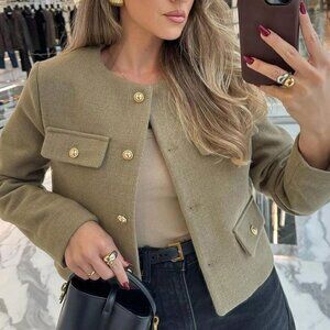 Khaki Casual Women's Tweed Jacket Round Neckline Decorated Long Sleeves Coat